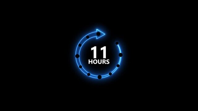 Neon blue circular arrow timer counting down eleven hours with black dots on dark background digital animation