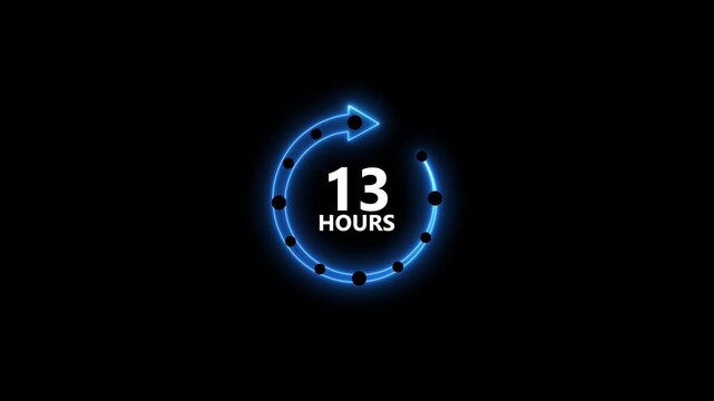 Neon blue circular arrow timer countdown thirteen hours glowing abstract background digital animation