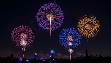 Vibrant fireworks illuminate the dark night sky with magnificent bursts of pink, purple, blue, and gold, creating a spectacular and joyous celebration above the distant silhouette