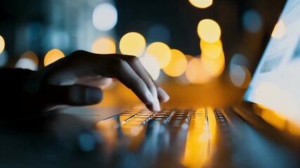 Close up Of A Hand Typing On A Laptop Keyboard With Bokeh Lights In The Background At Night - Powered by Adobe