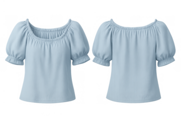 Light blue blouse mock-up showing front and back view, elegant short puff sleeve women's garment for fashion design