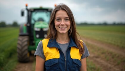 Young female farmer smiles confidently standing in wide farm field. Wears practical blue, yellow work vest. Modern green tractor visible in background. Image shows women in agriculture, rural life.