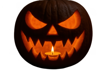 Carved halloween pumpkin, glowing orange light from a candle creating a spooky face, isolated on a transparent background for easy use