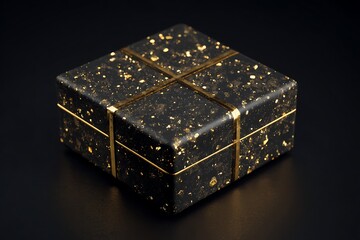 Obraz premium Luxurious black gift box with golden glitter and ribbon on dark background