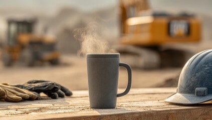 Steaming coffee mug, safety gear on construction site during break
