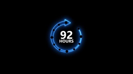 Neon blue circular arrow timer countdown 92 hours glowing animation on black background digital clock progress indicator - Powered by Adobe