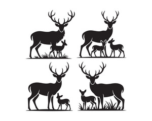 Naklejka premium Forest deer family, with large antlers, calm doe, playful fawns, grass vector silhouette illustration design set collection, forest deer silhouette, deer family silhouette, stag with large antlers, 