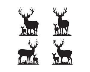 Forest deer family, with large antlers, calm doe, playful fawns, grass vector silhouette illustration design set collection, forest deer silhouette, deer family silhouette, stag with large antlers, 