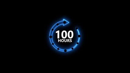 Neon blue circular arrow with 100 hours text and dots on black background abstract concept of time duration countdown timer progress indicator