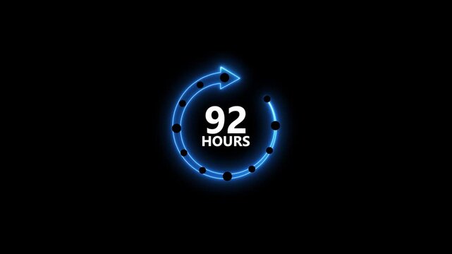 Neon blue circular arrow timer countdown 92 hours glowing animation on black background digital clock progress indicator