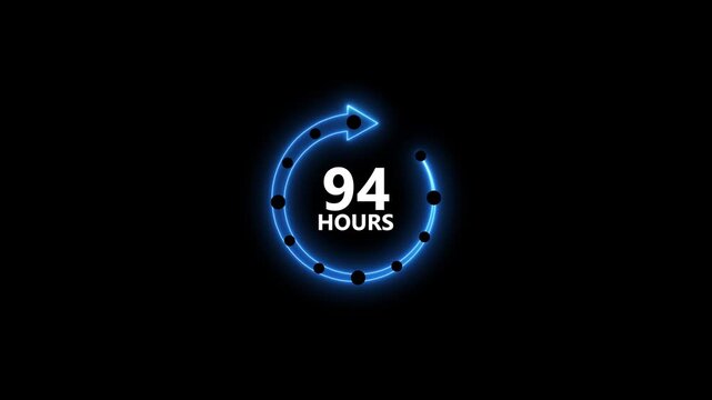 Neon blue circular arrow countdown timer 94 hours glowing on black background with black dots representing time intervals technology concept