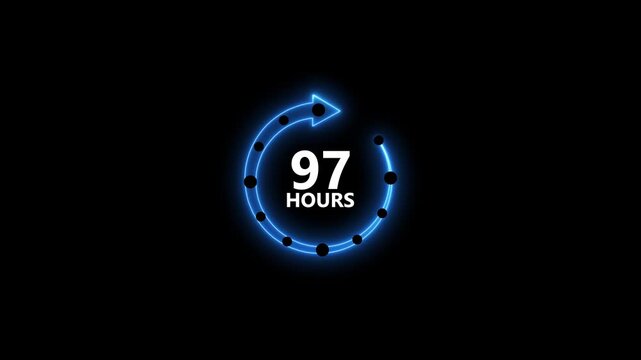 Neon blue circular arrow countdown timer 97 hours glowing on black background futuristic digital clock animation