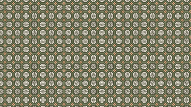 Floral pattern with octagons and small squares on an olive green background creating a seamless design