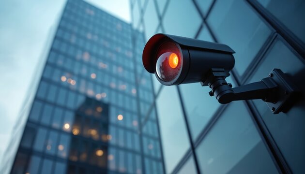 Modern security camera monitors tall glass office building. Infrared light indicates surveillance active. Protecting corporate facility from intrusion. High tech surveillance system in operation.