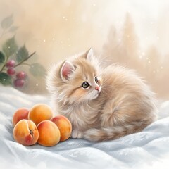 A cute kitten with ripe apricots on a soft dreamy background