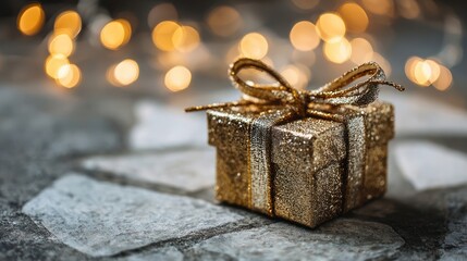 Golden wrapped gift box on a stone surface, radiating warmth and holiday spirit, suitable for love and celebration themes
