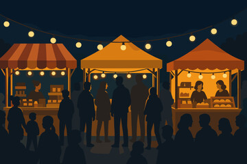 Fototapeta premium Evening market scene with food stalls and people enjoying the night atmosphere