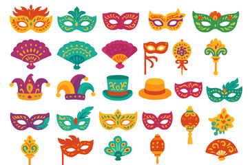 Fototapeta premium Colorful collection of festive masks and accessories for celebration and parades during Carnival season