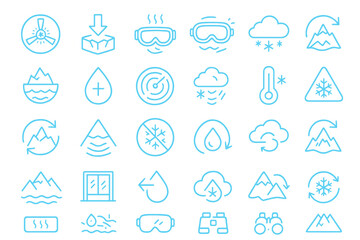 Fototapeta premium Icons representing various weather elements and mountain activities for outdoor enthusiasts and adventure planning