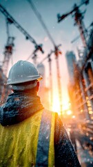 Construction workers at building site with cranes at sunset