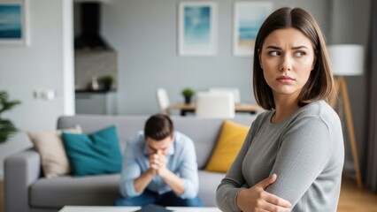 Woman upset with man, relationship conflict at home, emotions in living room scene
