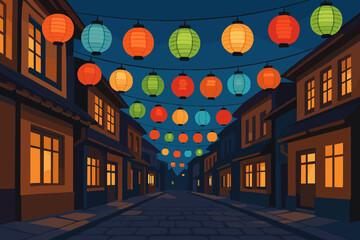 Colorful lanterns illuminate a quiet street in a traditional town during evening time