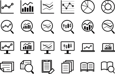 データ分析・調査のシンプルな黒の線画アイコンセット