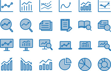 データ分析・調査のシンプルな青の線画アイコンセット
