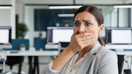 Obraz premium Shocked young adult female in office setting expressing surprise and anxiety