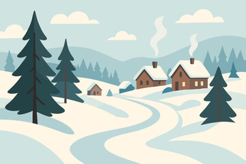 Obraz premium Snowy winter landscape with cozy cabins and tall evergreen trees in a serene countryside setting