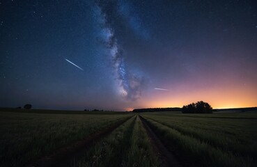 Milky Way galaxy shines in night sky over vast green field. Two brilliant shooting stars streak across dark blue cosmos. Horizon glows orange from distant light pollution before dawn. Nature