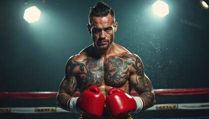 Muscular tattooed boxer in red gloves stands on fighting ring. Powerful male athlete with serious face looks at camera. Strong fighter prepares for combat, championship match workout in dark arena