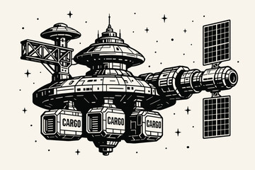 Space cargo ship design featuring circular structure and satellite connections in a minimalist style