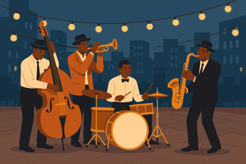 Fototapeta premium Jazz band performing lively music under string lights in an urban setting during a warm evening