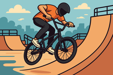 Obraz premium Biker performs tricks at a skate park during a sunny afternoon with urban skyline in the background