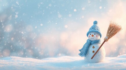 Adorable snowman with blue hat and scarf in snowy winter scene