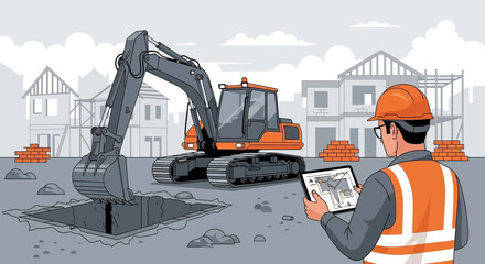 Construction site with excavator, supervisor and blueprints, modern construction concept