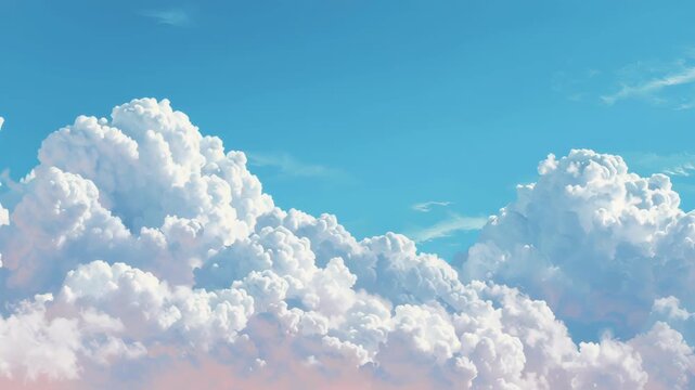 The sky is blue with a few clouds scattered throughout. The clouds are white and fluffy. Airy pale white cloudscape with smooth gradients, ultra clean minimalism, cloud dancer pantone 