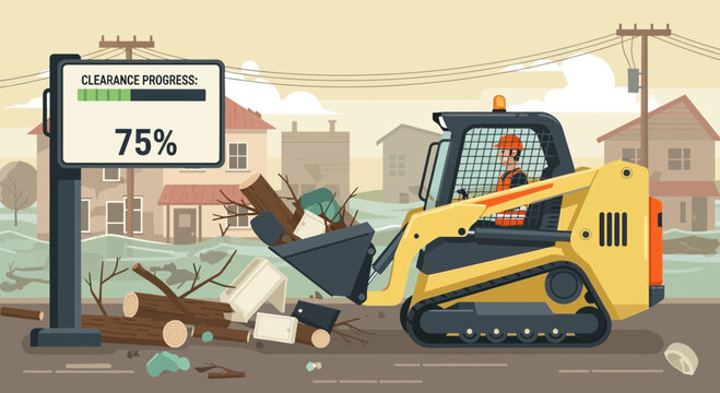 Illustrated depiction of a yellow skid-steer loader working on debris clearance after disaster