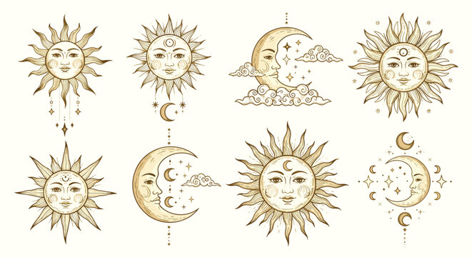 Vintage collection of celestial sun and moon illustrations with human faces clouds and stars drawn in a detailed esoteric engraving style.