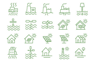 Collection of eco-friendly energy symbols showcasing renewable resources and sustainable practices