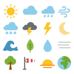 Weather Icons: A vibrant assortment of weather icons representing various atmospheric conditions, perfect for illustrating forecasts, climate concepts, and environmental themes.