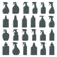 Collection of various spray bottles and containers in silhouette