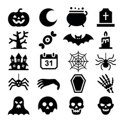 Obraz premium Collection of halloween icons and symbols in black silhouette