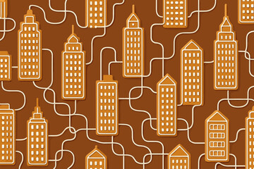 Decorative cookie pattern featuring city skyline designs in vibrant colors for creative baking projects