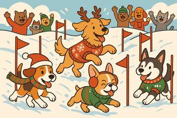 Obraz premium Festive dogs having fun in the snow during a winter celebration with joyful spectators in the background