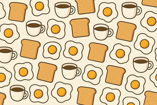 Breakfast patterns featuring eggs, toast, and coffee on a cream background