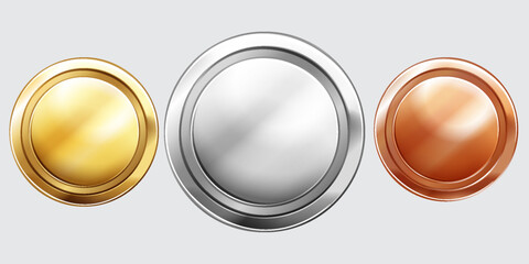 Set of blank gold, silver, and bronze medal circles. Metallic round shapes for award, achievement, competition