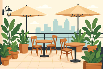 Outdoor cafe seating area with plants and city skyline in the background during daytime
