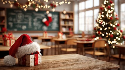 Bright festive classroom scene with a small Christmas tree, gift box and red Santa hat